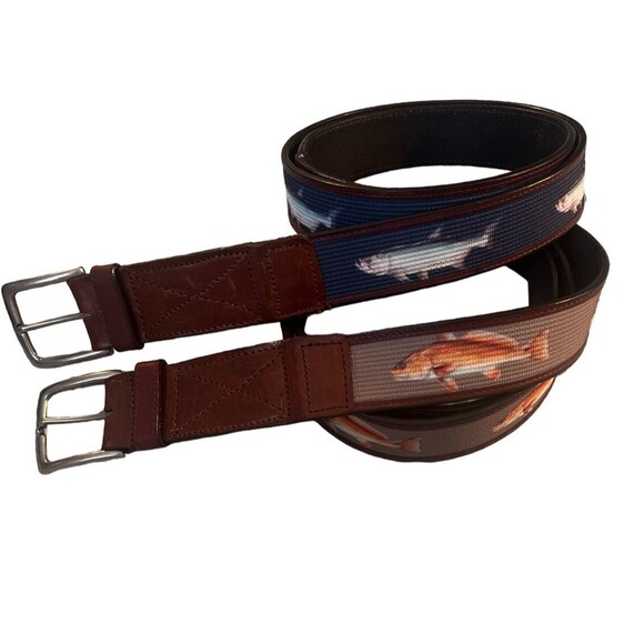 Lot Of 2 Fish Belts Mens Sz 46 Brown Leather Fabric Inlay Belt Nautical - Picture 1 of 6